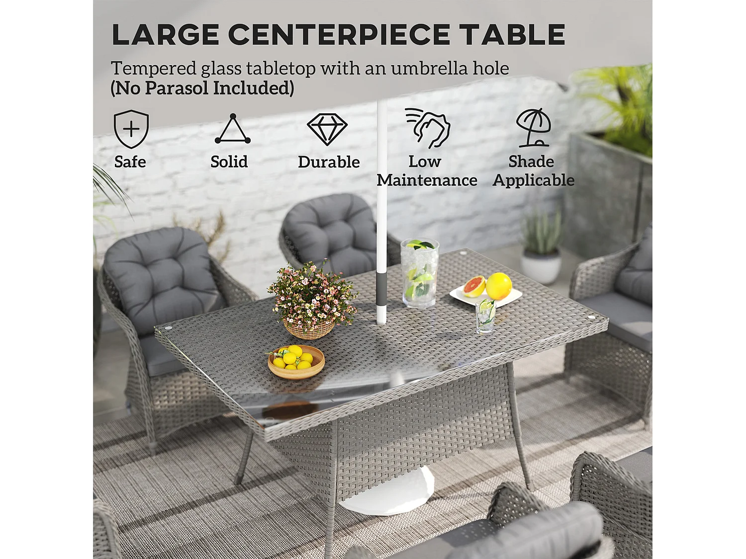 Bami Light Grey Rattan 6 Seater Outdoor Dining Set with Rectangular Tempered Glass Table