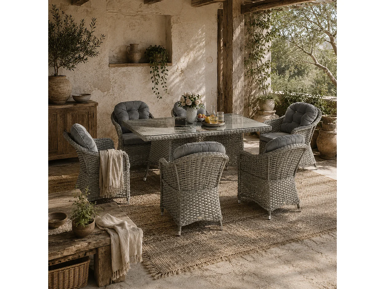 Bami Light Grey Rattan 6 Seater Outdoor Dining Set with Rectangular Tempered Glass Table