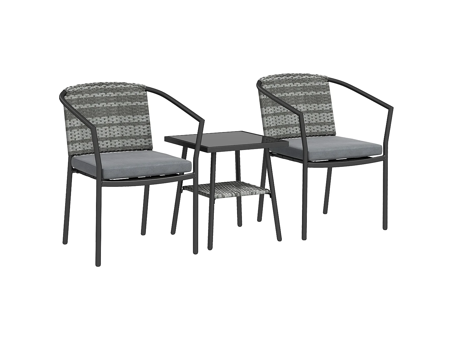Midi Grey 3 Piece Rattan Bistro Set with Cushions and Tempered Glass Table