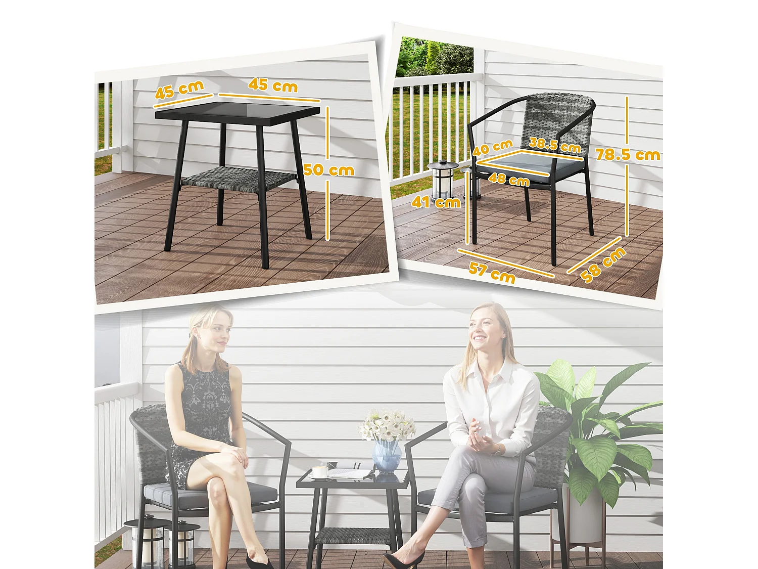 Midi Grey 3 Piece Rattan Bistro Set with Cushions and Tempered Glass Table