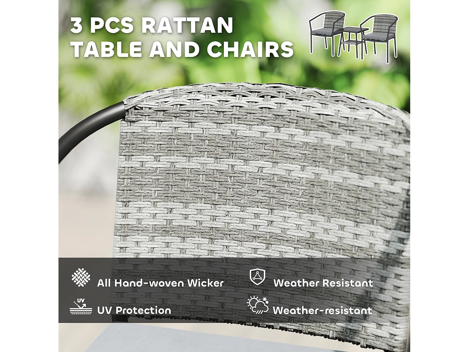 Midi Grey 3 Piece Rattan Bistro Set with Cushions and Tempered Glass Table