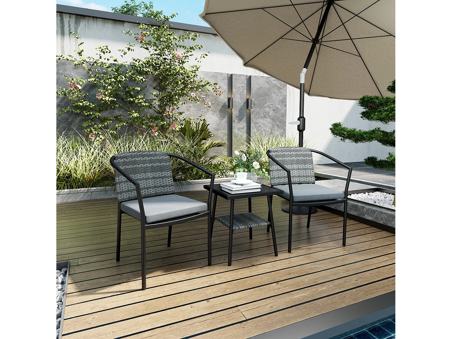 Midi Grey 3 Piece Rattan Bistro Set with Cushions and Tempered Glass Table