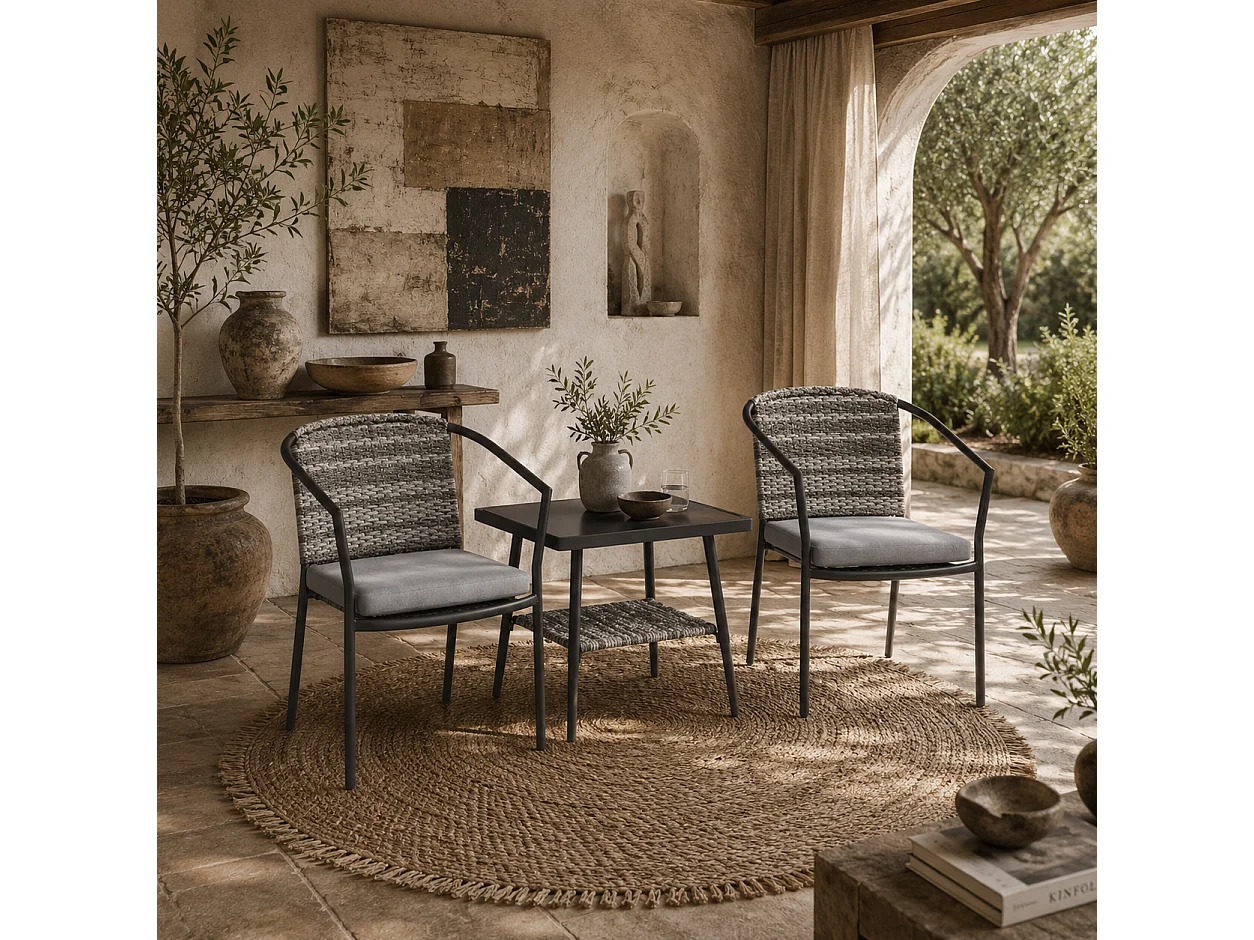 Midi Grey 3 Piece Rattan Bistro Set with Cushions and Tempered Glass Table