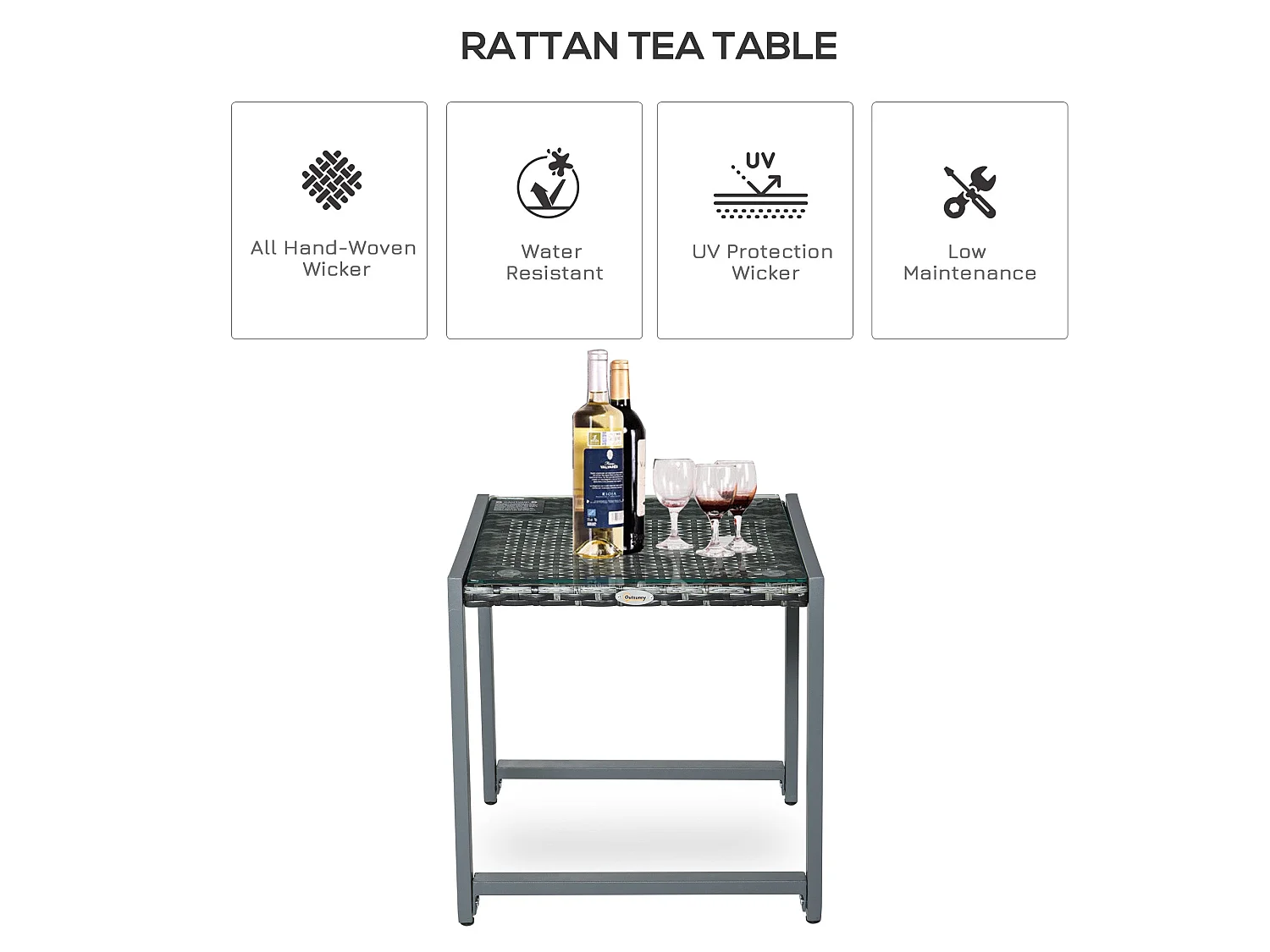 Visano Grey Rattan Outdoor Side Table with Tempered Glass Top