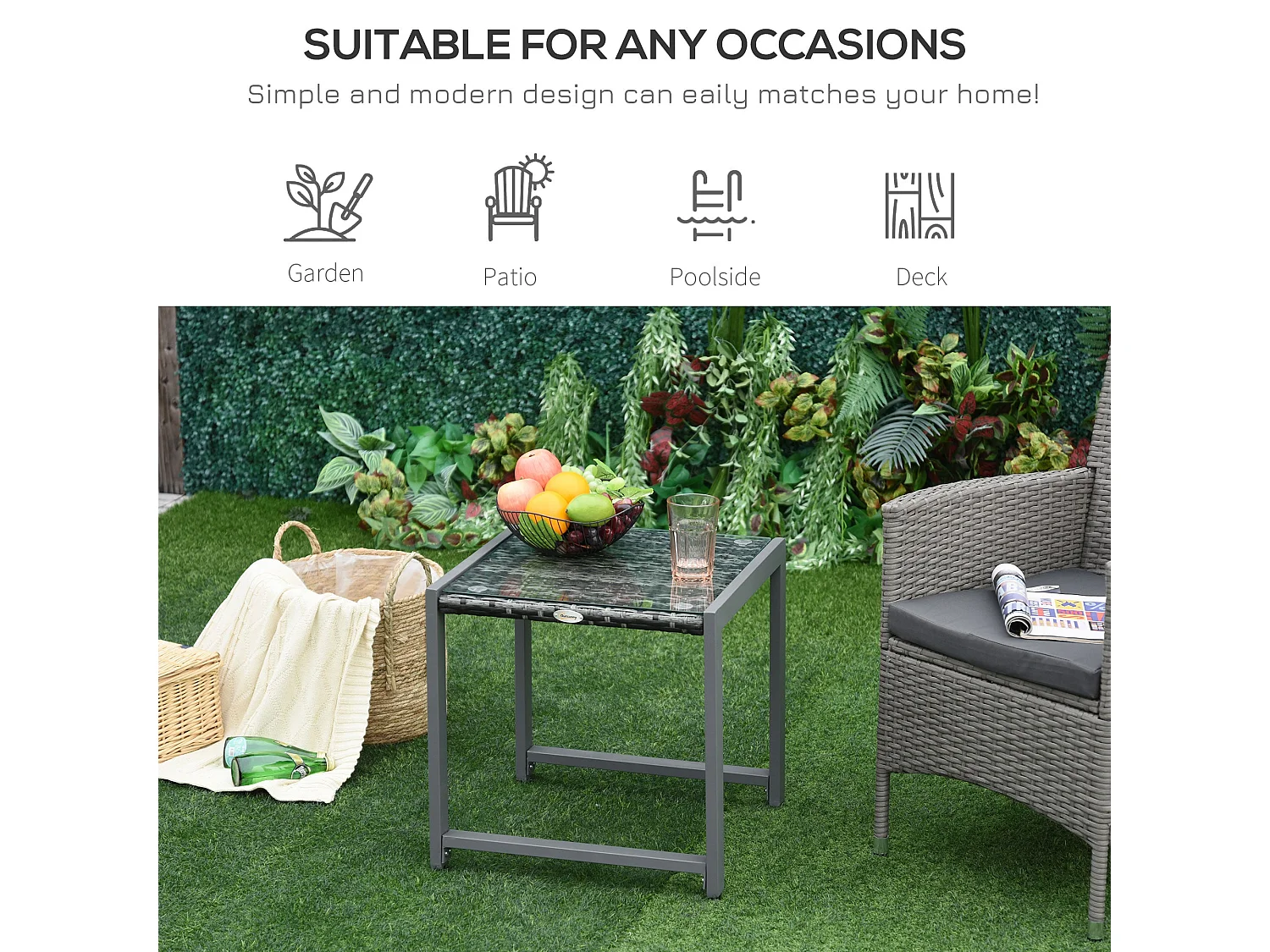 Visano Grey Rattan Outdoor Side Table with Tempered Glass Top
