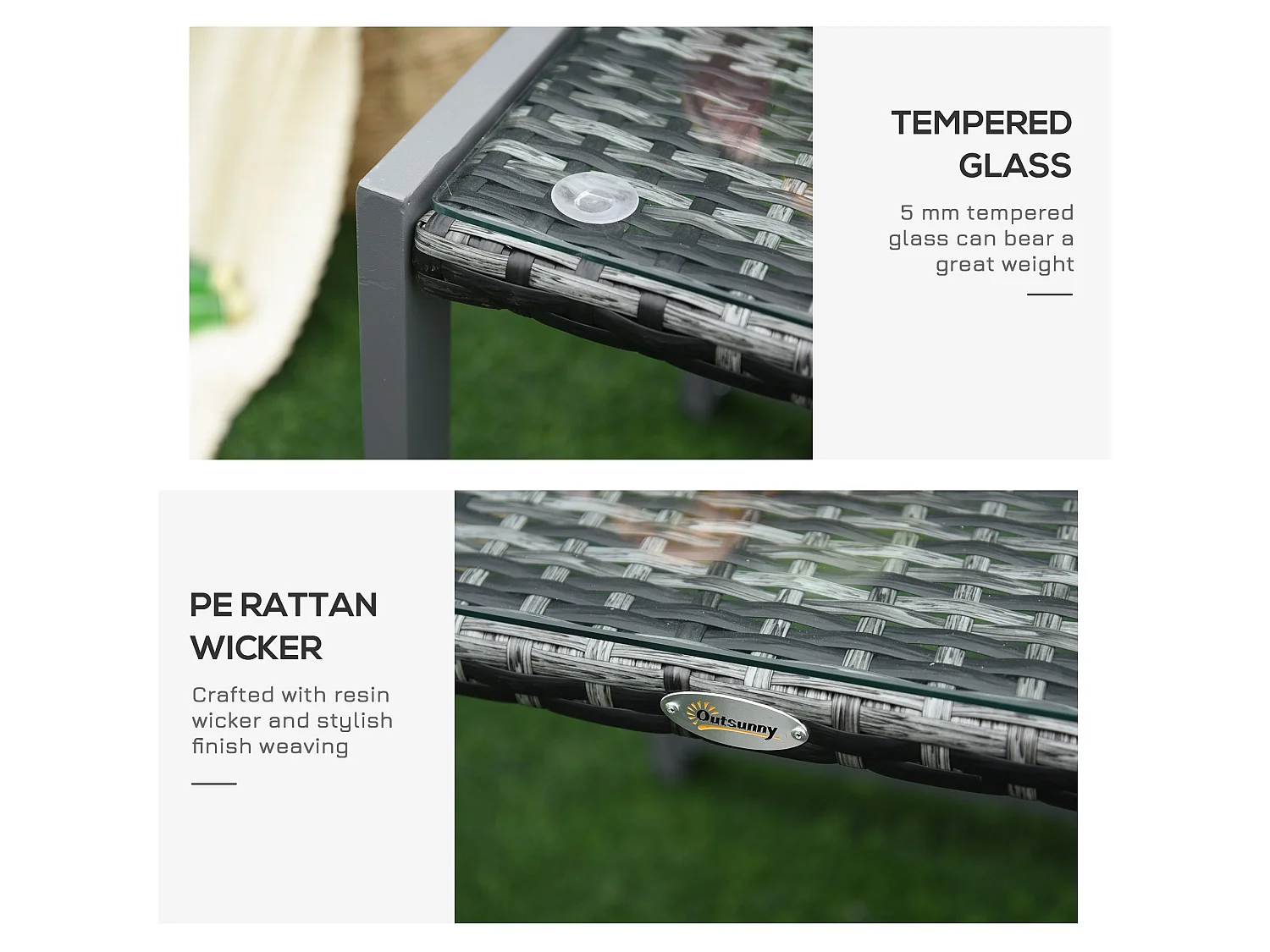 Visano Grey Rattan Outdoor Side Table with Tempered Glass Top
