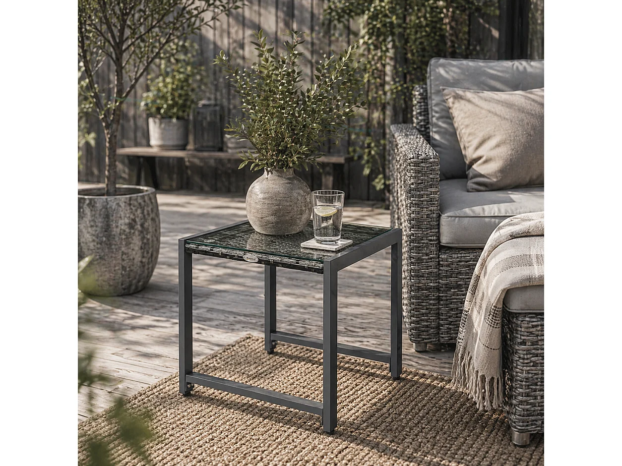 Visano Grey Rattan Outdoor Side Table with Tempered Glass Top
