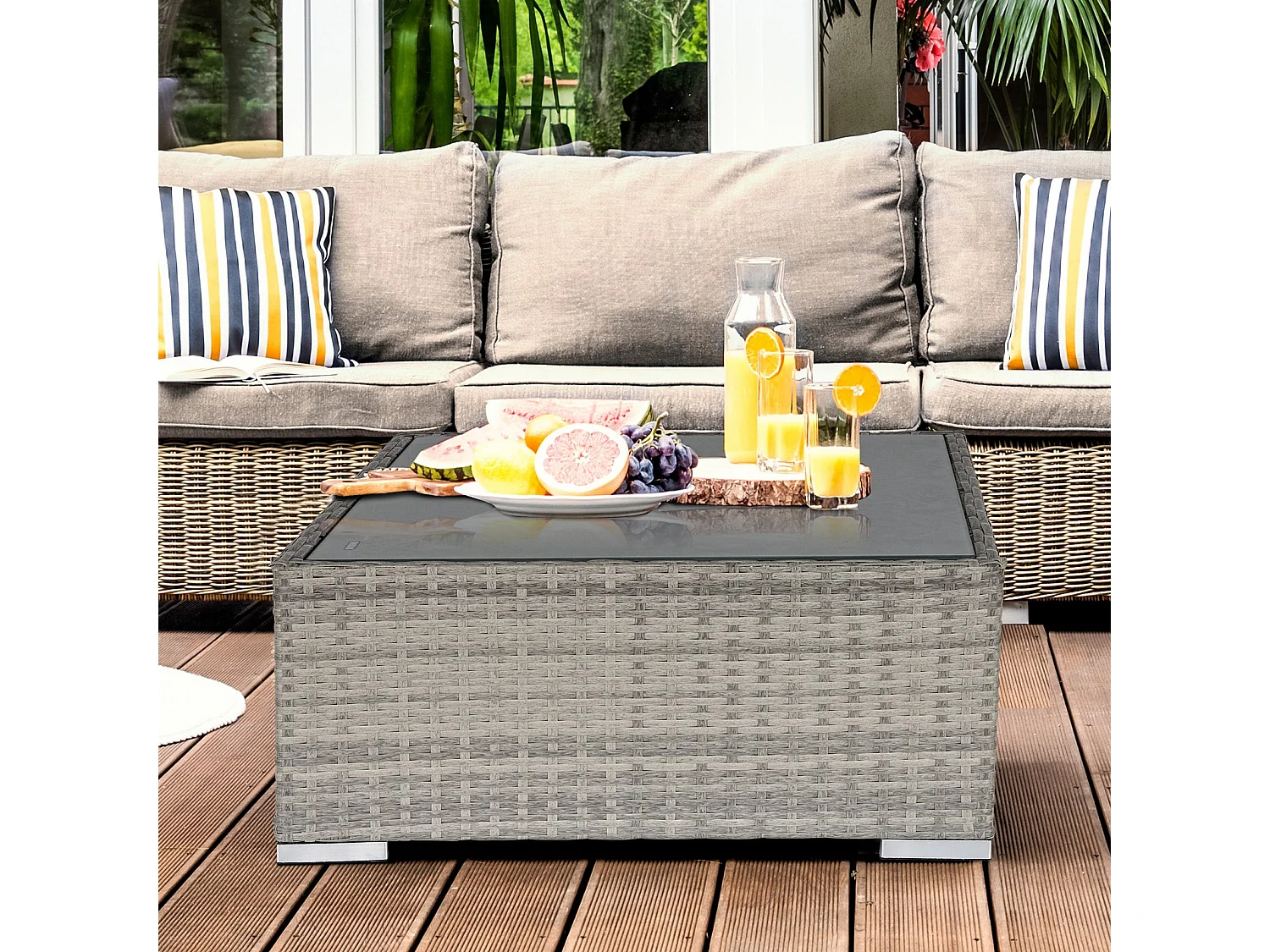 Vimito Light Grey Rattan Square Outdoor Side Table with Glass Top