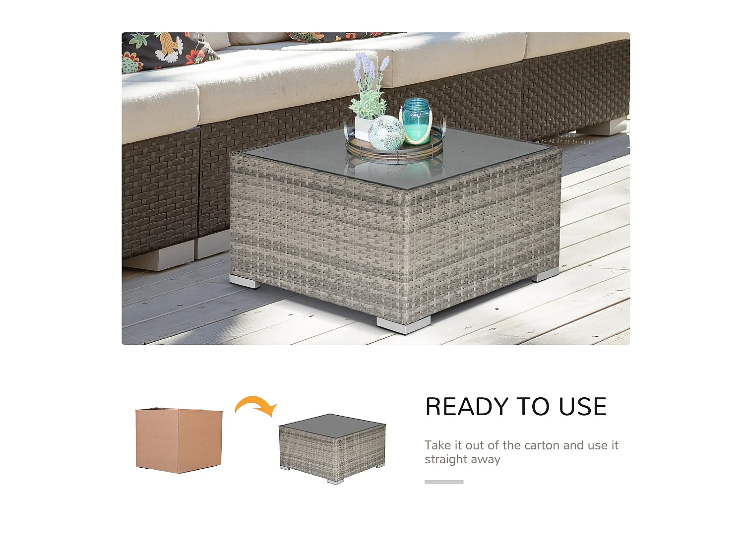 Vimito Light Grey Rattan Square Outdoor Side Table with Glass Top