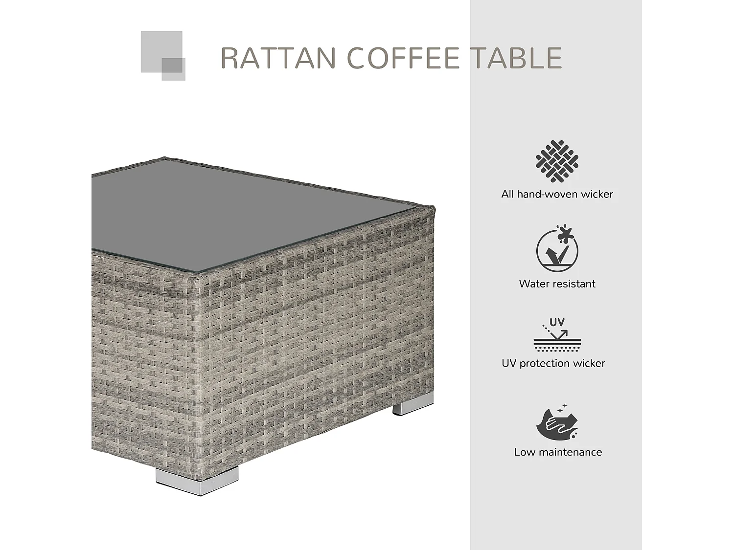 Vimito Light Grey Rattan Square Outdoor Side Table with Glass Top