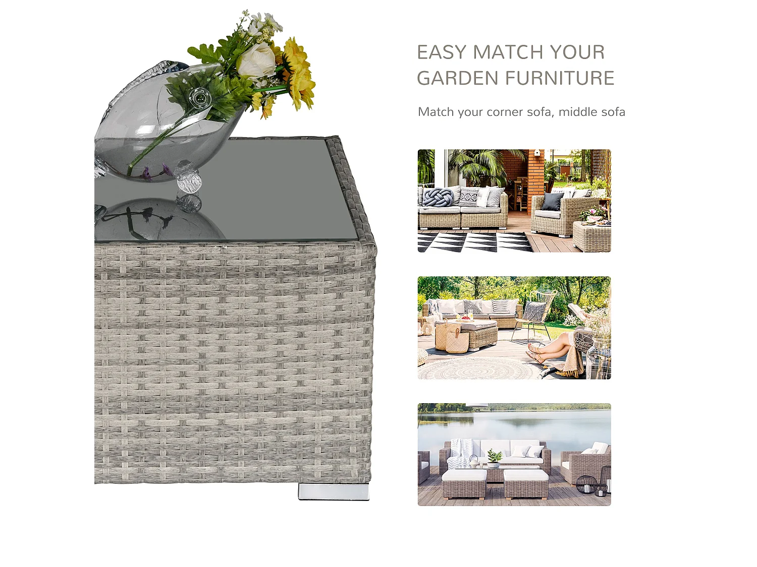Vimito Light Grey Rattan Square Outdoor Side Table with Glass Top
