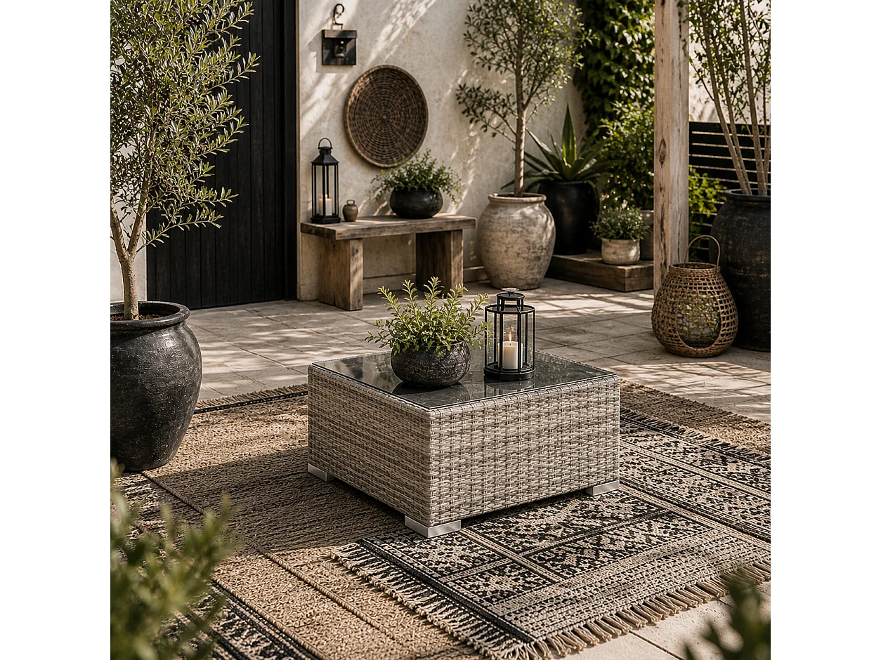 Vimito Light Grey Rattan Square Outdoor Side Table with Glass Top