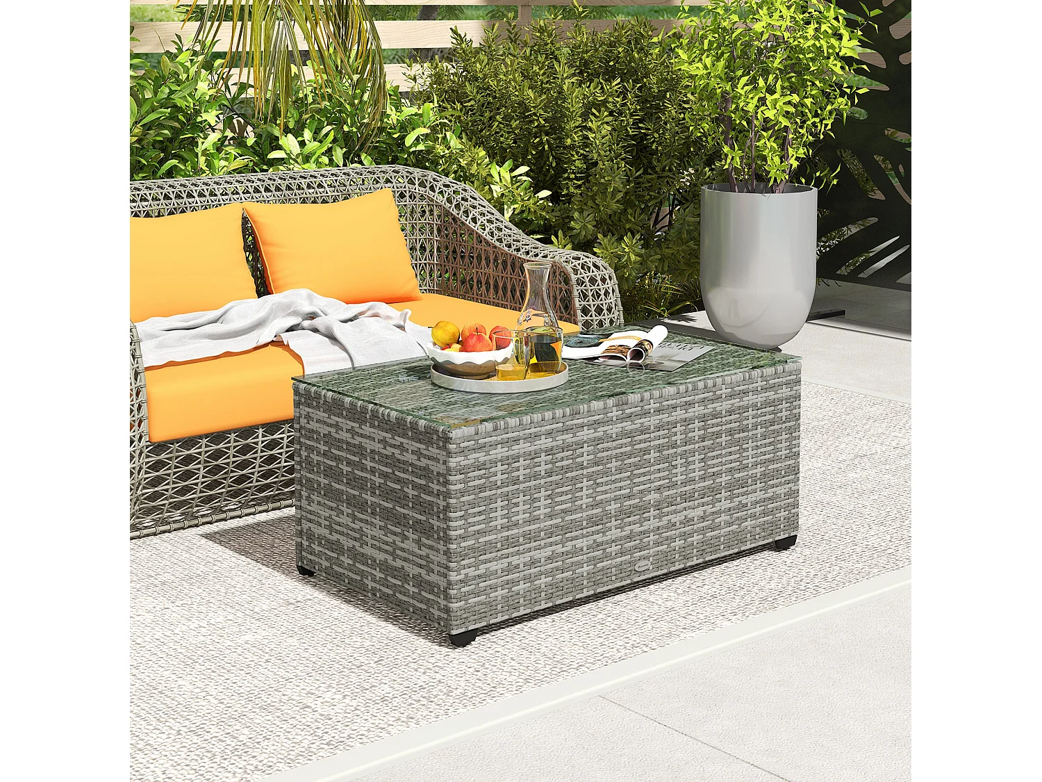 Vimi 90cm Rectangular Rattan Side Table Light Grey Tempered Glass Top
