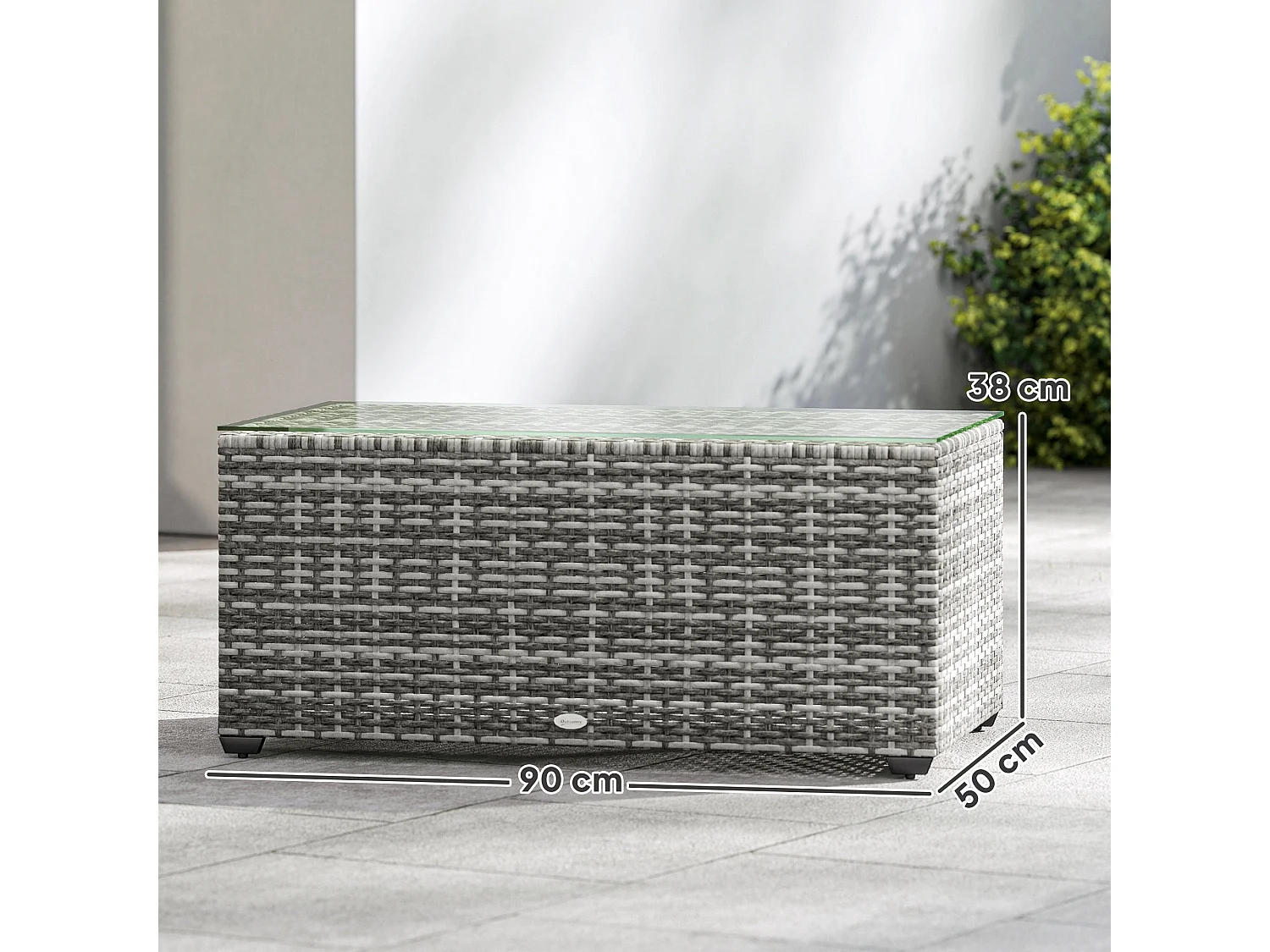 Vimi 90cm Rectangular Rattan Side Table Light Grey Tempered Glass Top