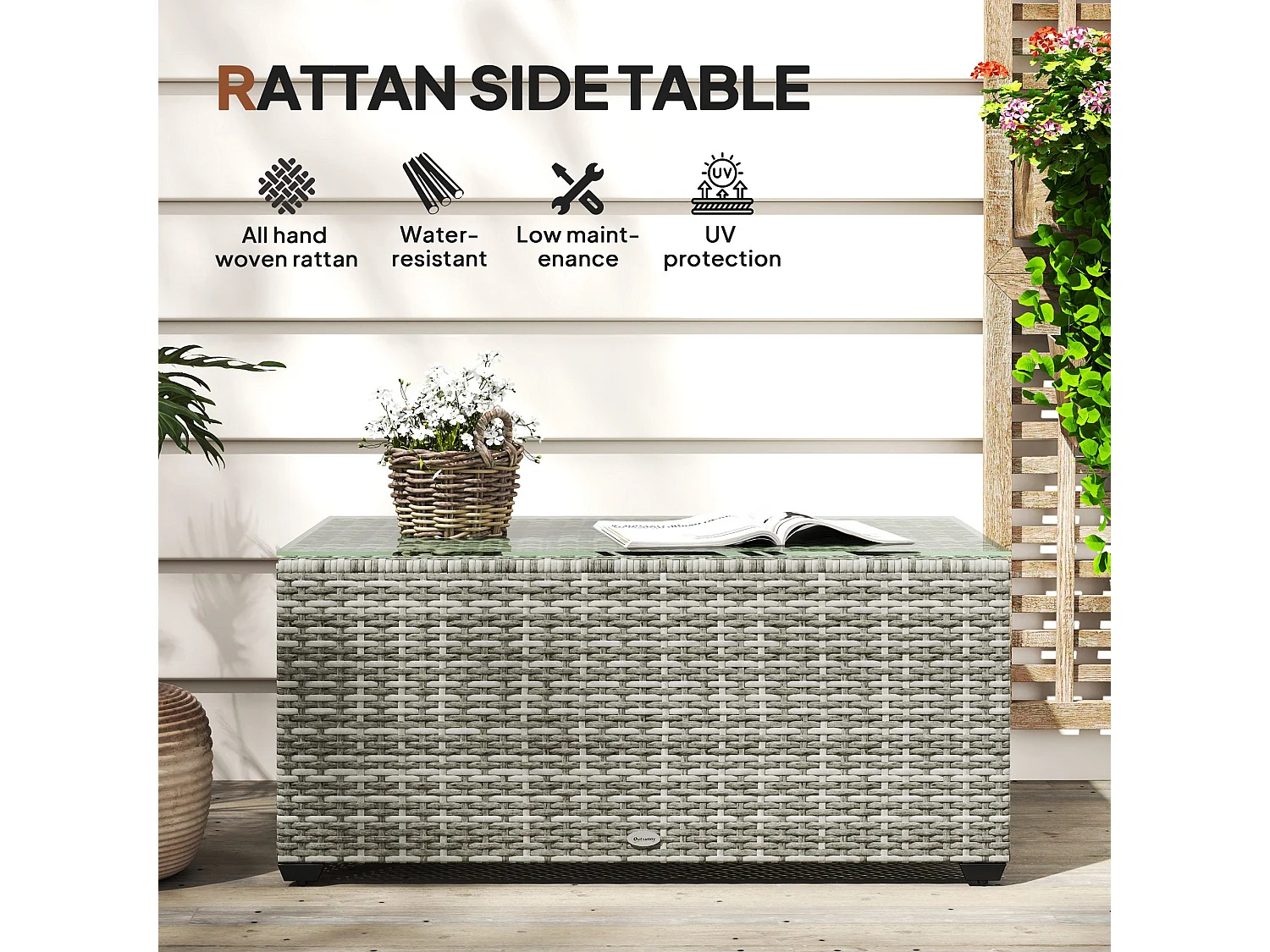 Vimi 90cm Rectangular Rattan Side Table Light Grey Tempered Glass Top