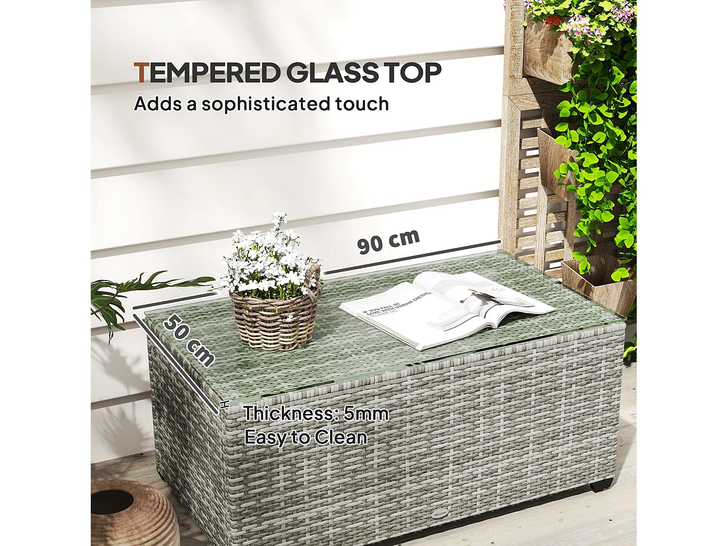 Vimi 90cm Rectangular Rattan Side Table Light Grey Tempered Glass Top