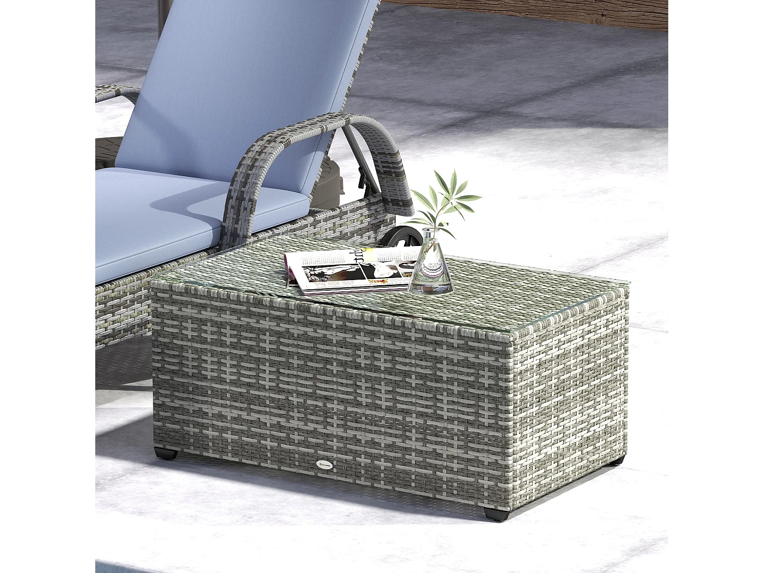 Vimi 90cm Rectangular Rattan Side Table Light Grey Tempered Glass Top