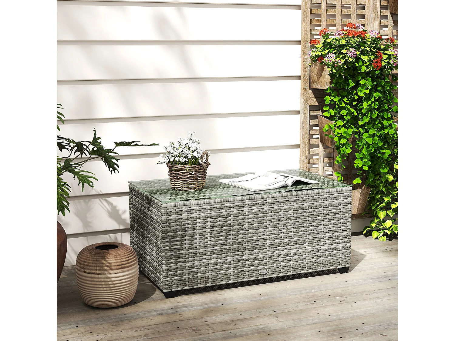 Vimi 90cm Rectangular Rattan Side Table Light Grey Tempered Glass Top