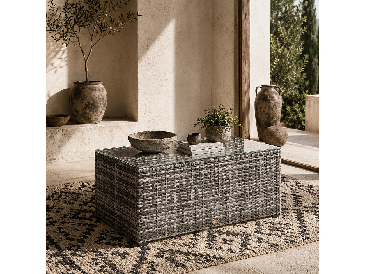 Vimi 90cm Rectangular Rattan Side Table Light Grey Tempered Glass Top