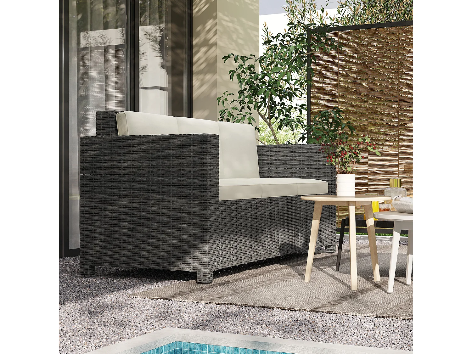 Necolo 3 Seater Outdoor Rattan Sofa Light Grey Rattan with Cream Cushions