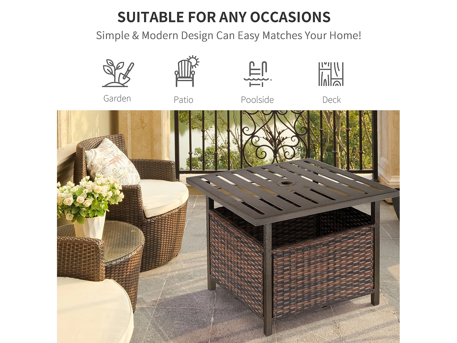 Lalema Brown Rattan Square Outdoor Coffee Table with Umbrella Hole