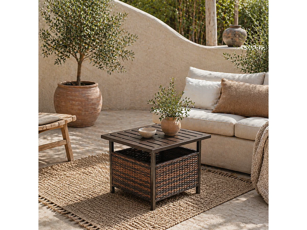 Lalema Brown Rattan Square Outdoor Coffee Table with Umbrella Hole