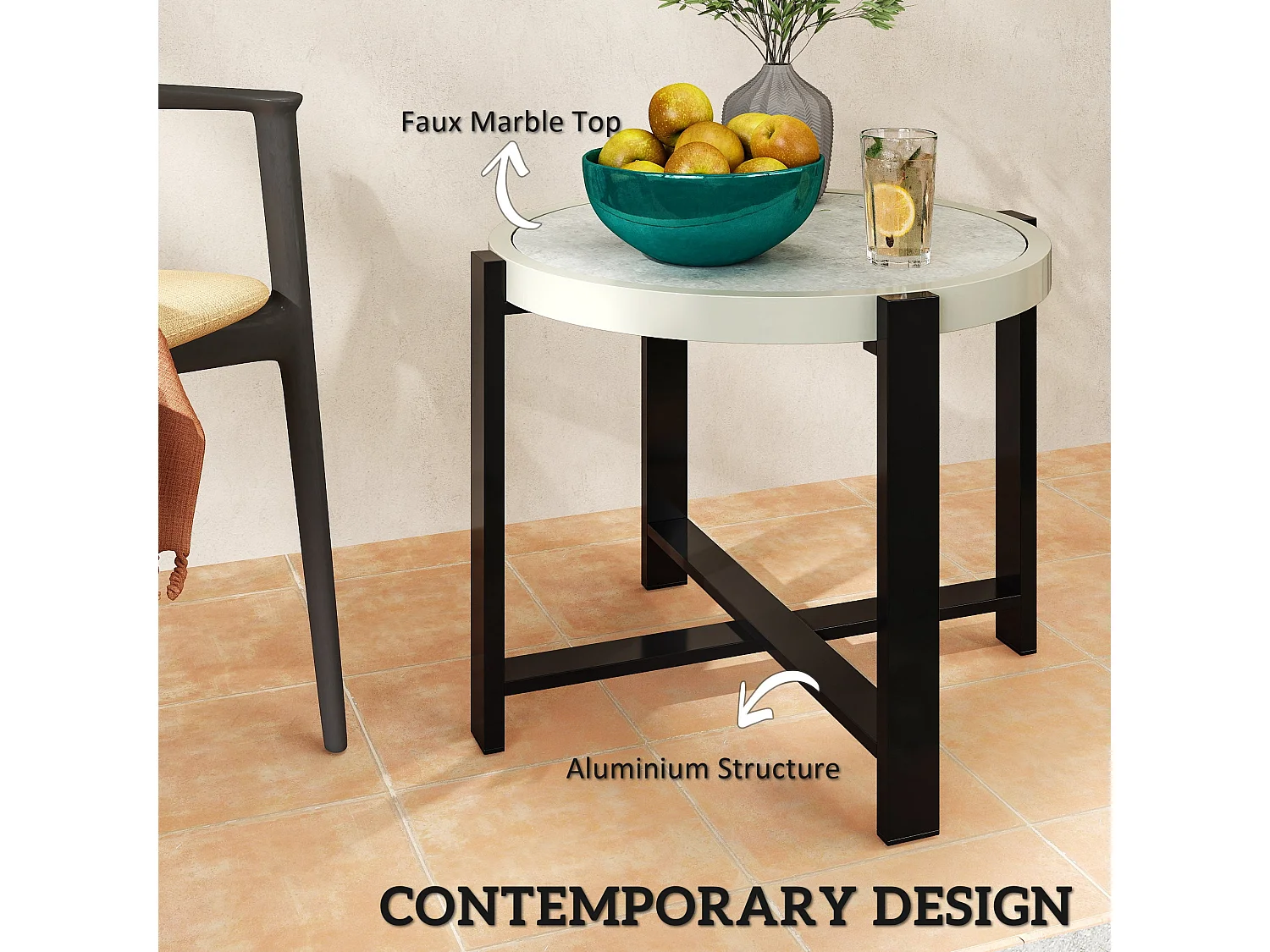 Linado Aluminium Round Outdoor Side Table 60cm Light Grey Marble Effect Glass Top