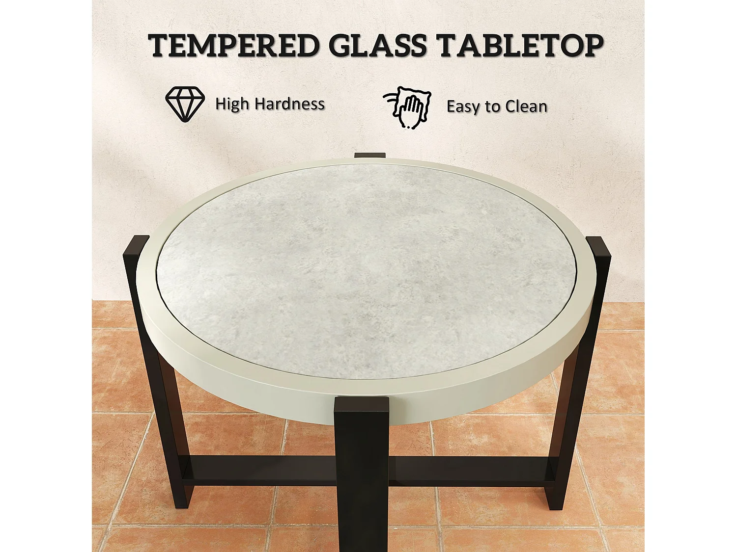 Linado Aluminium Round Outdoor Side Table 60cm Light Grey Marble Effect Glass Top
