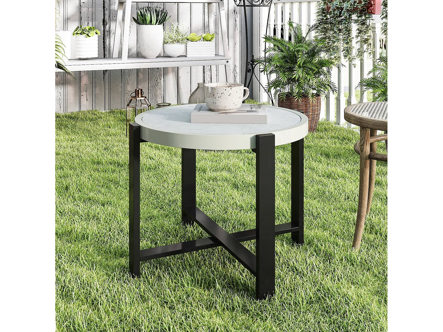 Linado Aluminium Round Outdoor Side Table 60cm Light Grey Marble Effect Glass Top