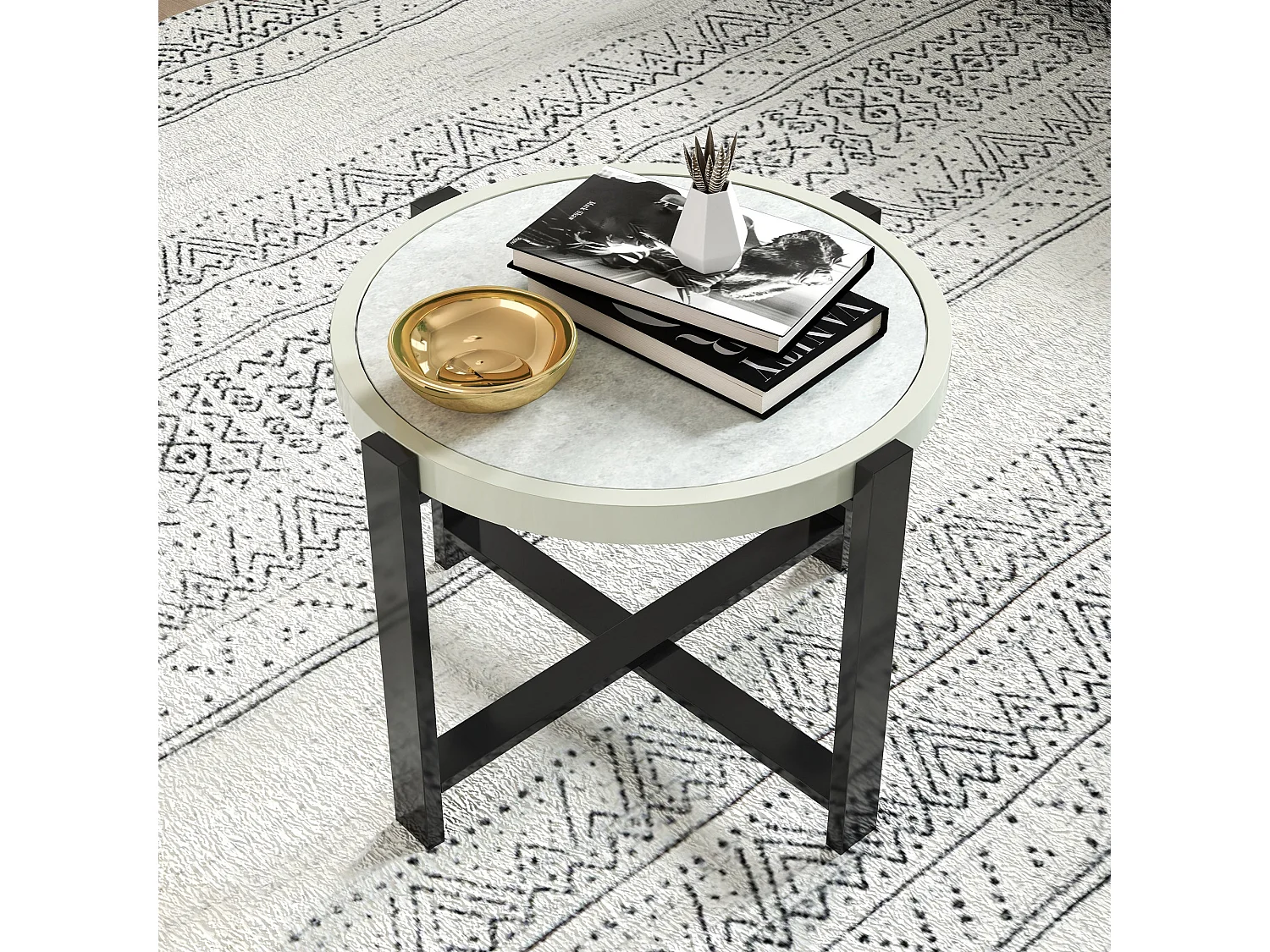 Linado Aluminium Round Outdoor Side Table 60cm Light Grey Marble Effect Glass Top