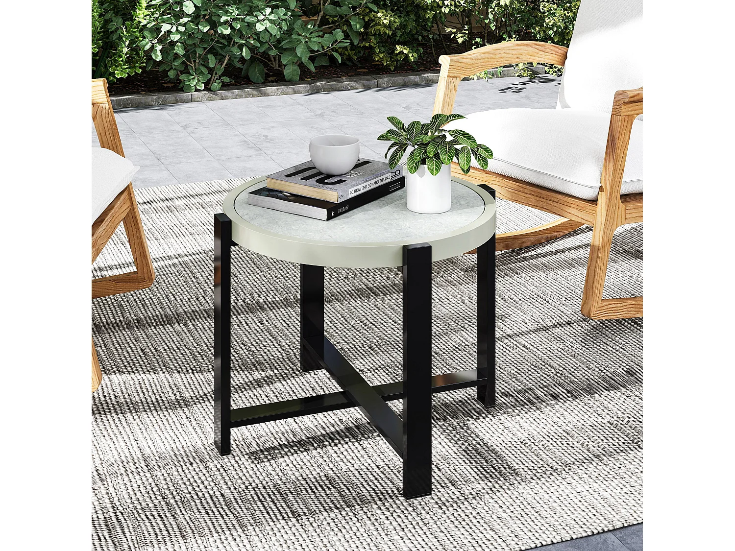Linado Aluminium Round Outdoor Side Table 60cm Light Grey Marble Effect Glass Top