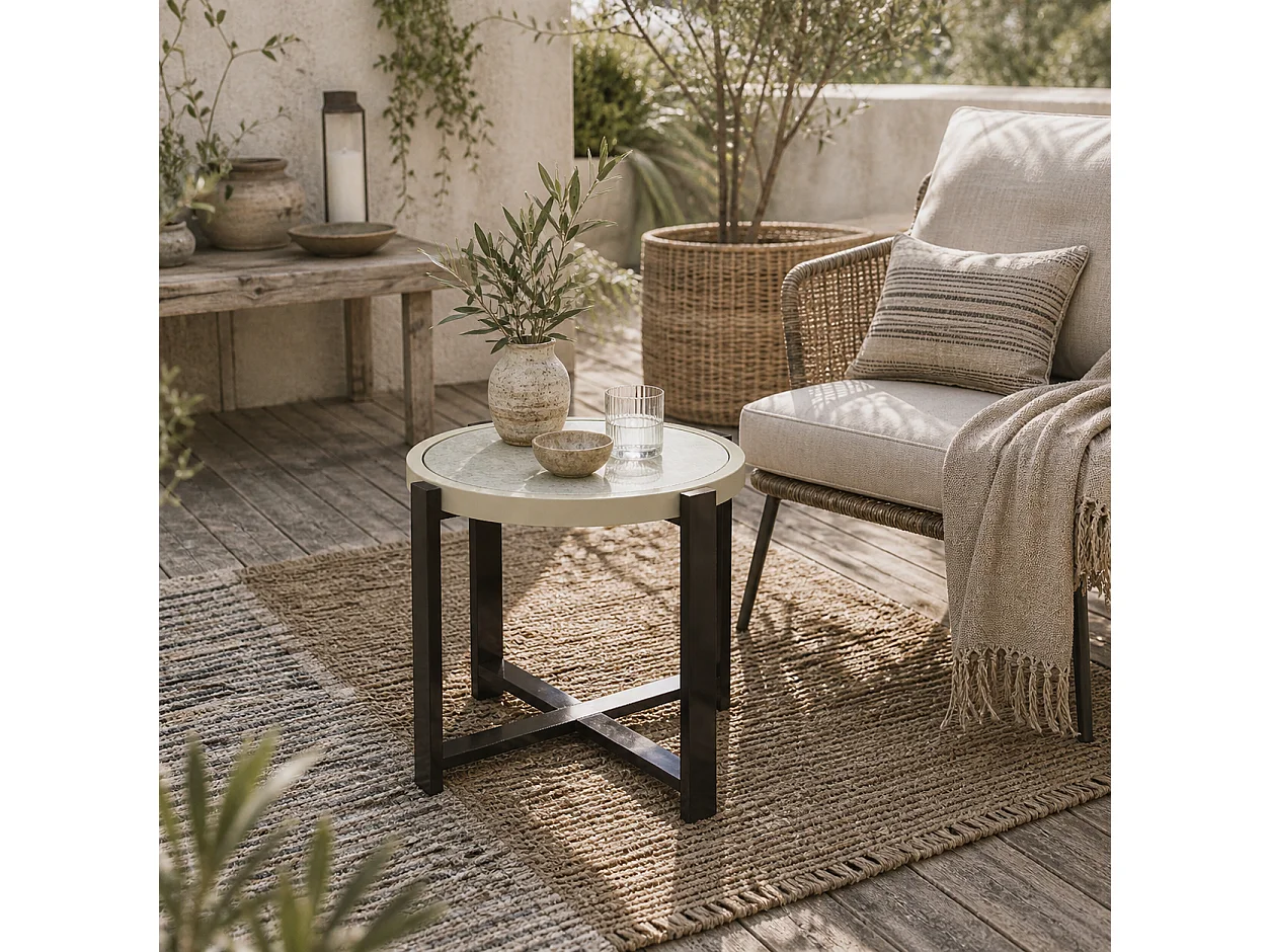 Linado Aluminium Round Outdoor Side Table 60cm Light Grey Marble Effect Glass Top