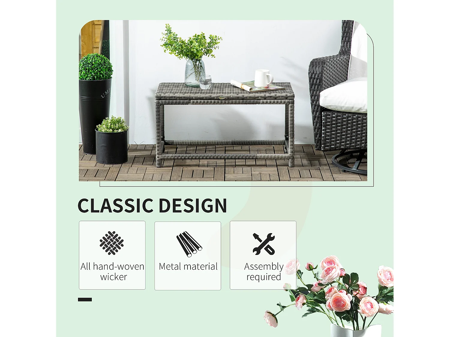 Vemiro Mixed Grey Rattan Style Rectangular Outdoor Coffee Table Galvanised Steel Frame