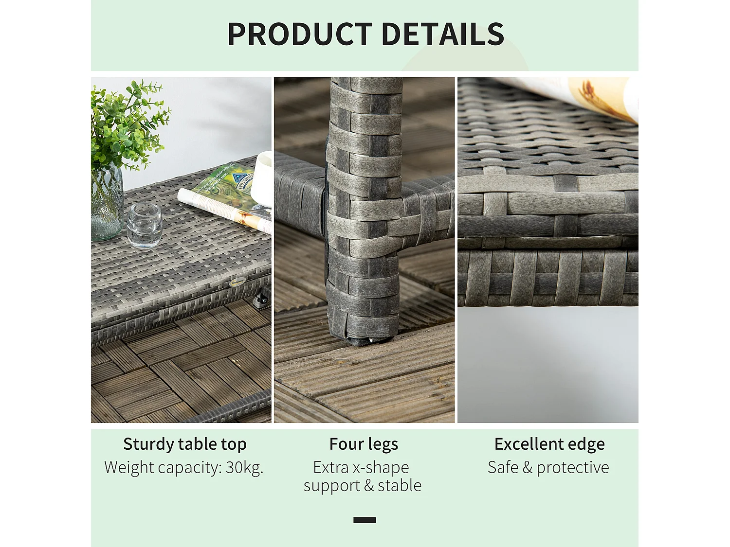Vemiro Mixed Grey Rattan Style Rectangular Outdoor Coffee Table Galvanised Steel Frame