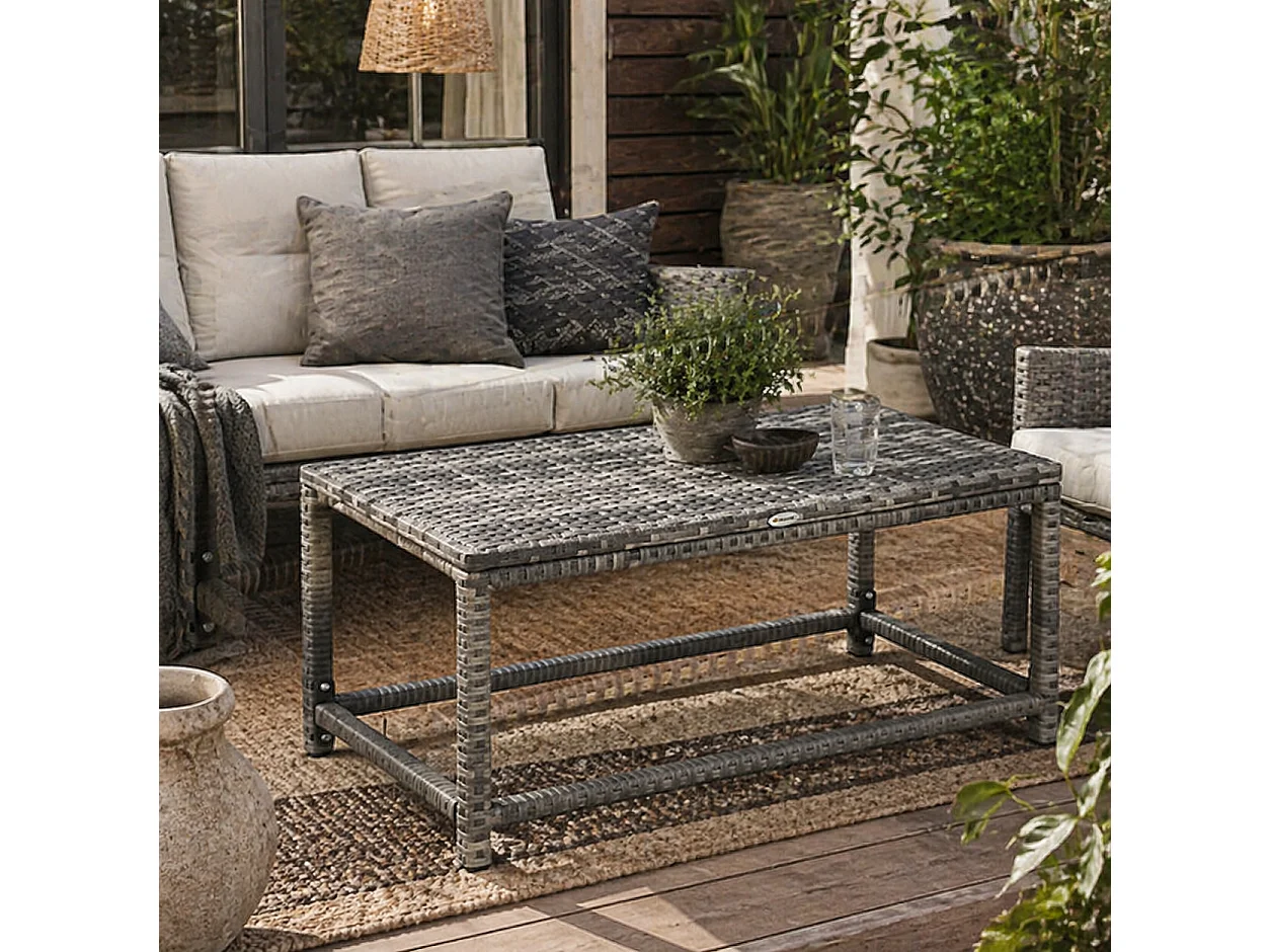 Vemiro Mixed Grey Rattan Style Rectangular Outdoor Coffee Table Galvanised Steel Frame