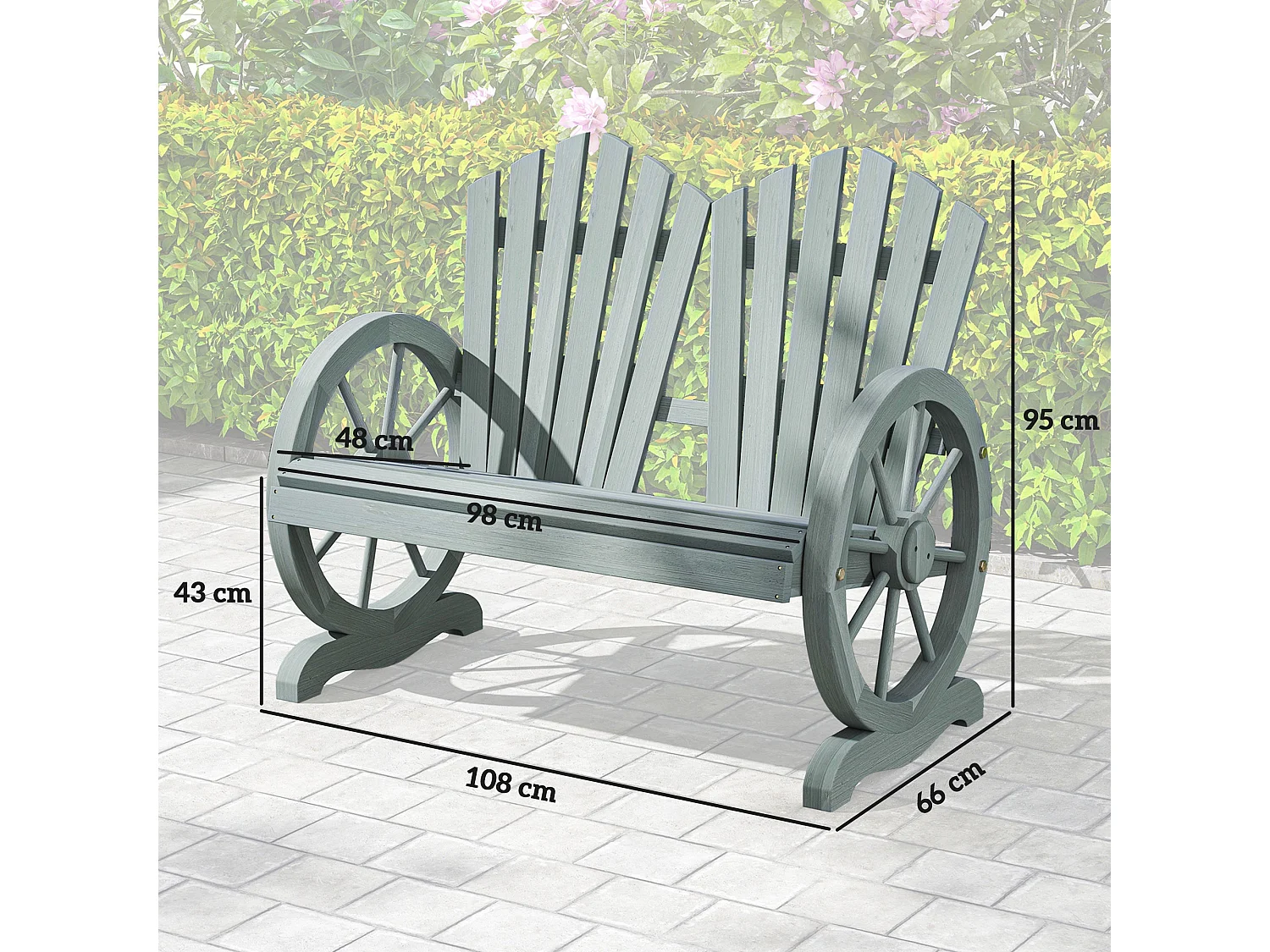 Zittuso Grey Fir Wood Garden Loveseat Wagon Wheel Armrests 2 Seater