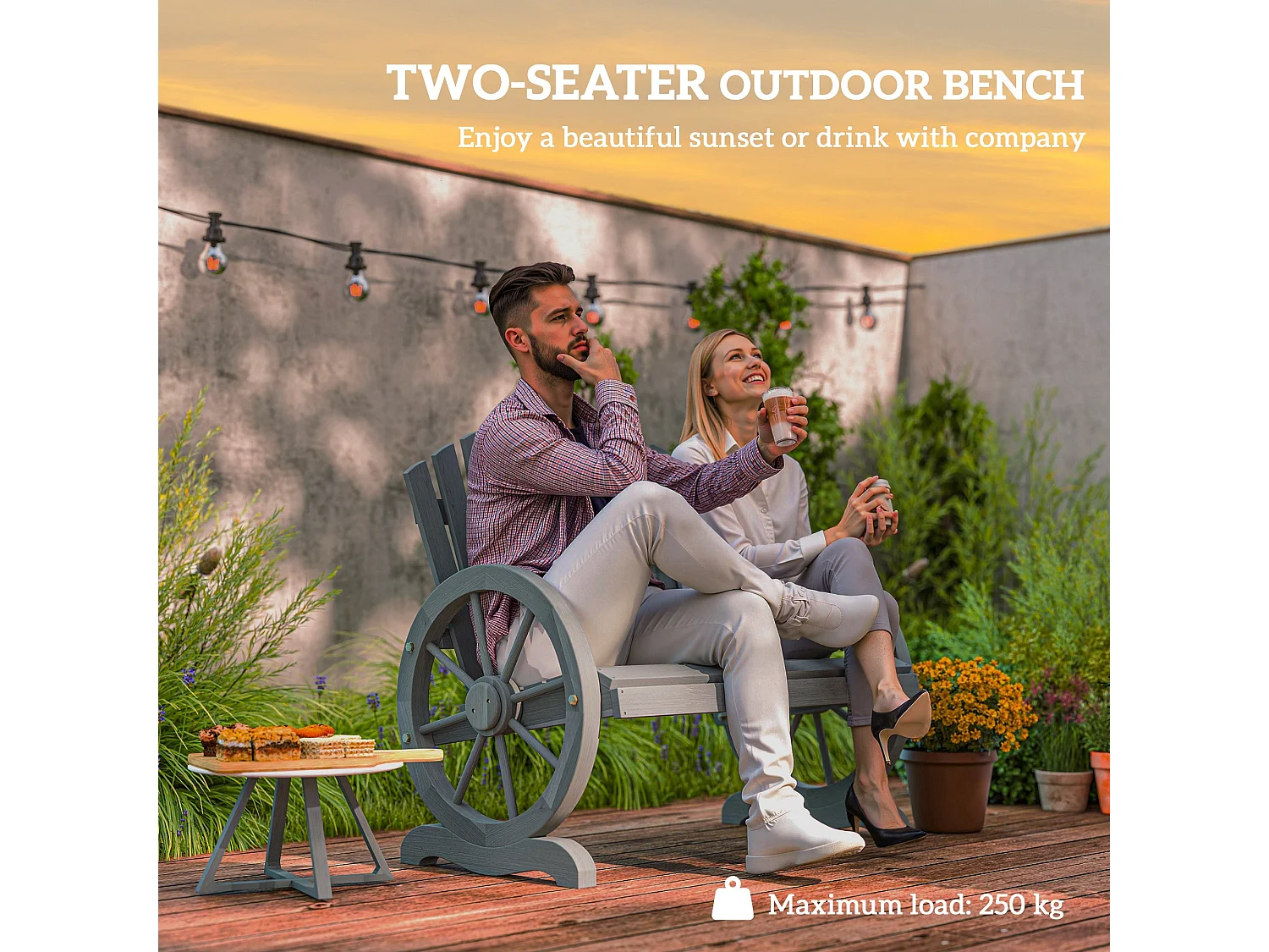 Zittuso Grey Fir Wood Garden Loveseat Wagon Wheel Armrests 2 Seater