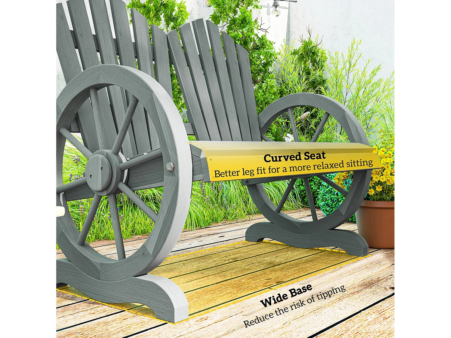 Zittuso Grey Fir Wood Garden Loveseat Wagon Wheel Armrests 2 Seater