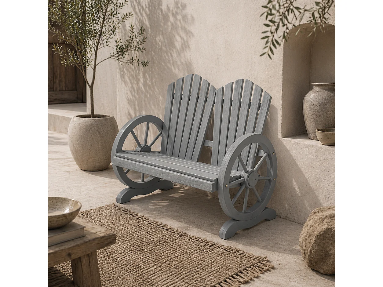 Zittuso Grey Fir Wood Garden Loveseat Wagon Wheel Armrests 2 Seater