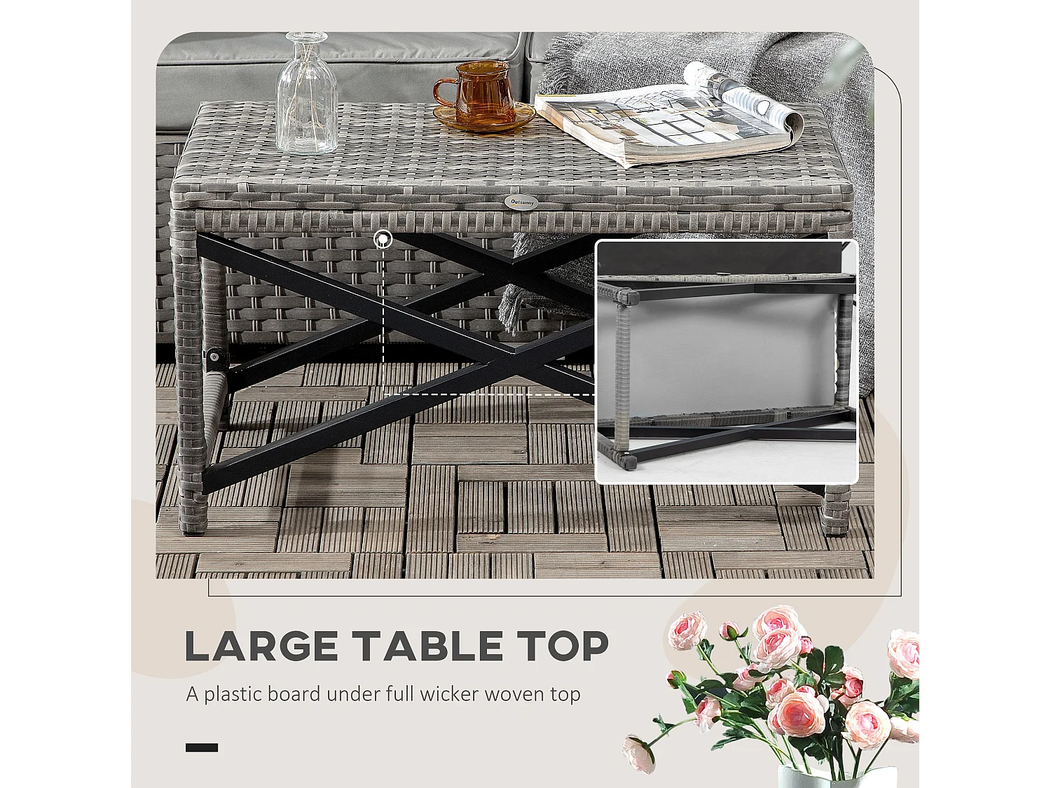 Donori Grey Rattan Outdoor Coffee Table with X Frame and Woven Top