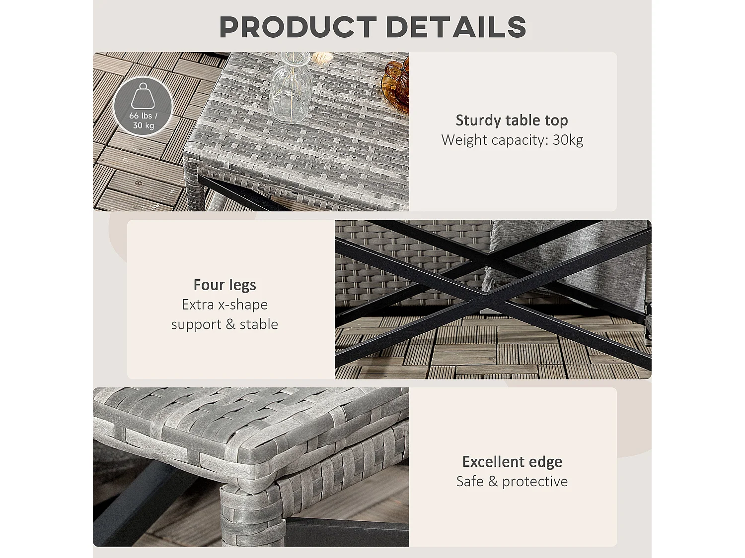 Donori Grey Rattan Outdoor Coffee Table with X Frame and Woven Top