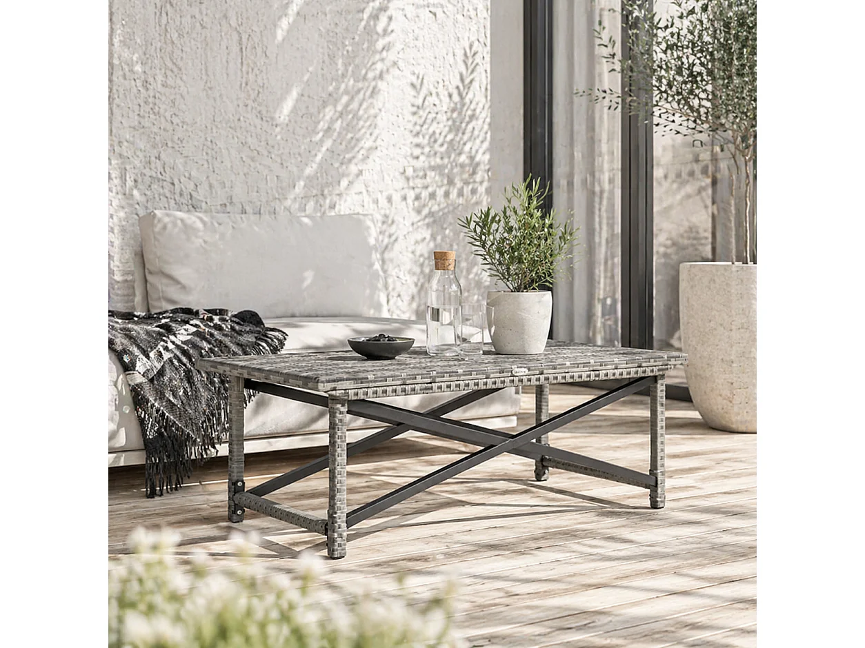 Donori Grey Rattan Outdoor Coffee Table with X Frame and Woven Top