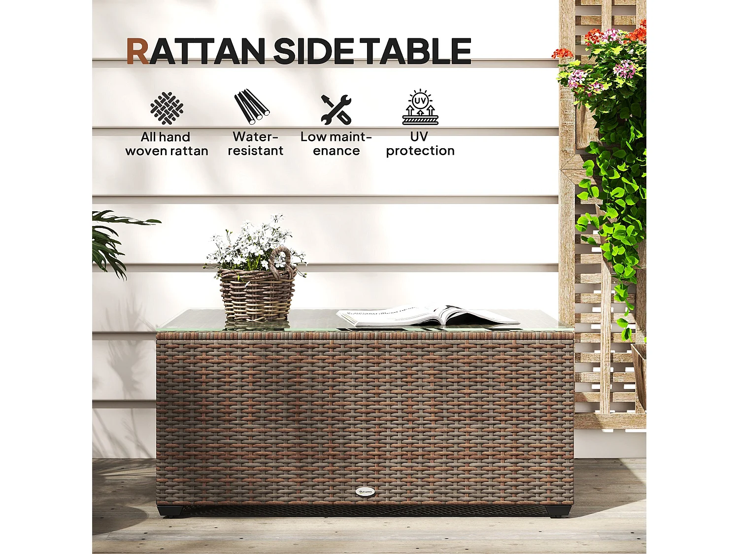Pata Brown Rattan Outdoor Coffee Table 90 x 50cm Glass Top