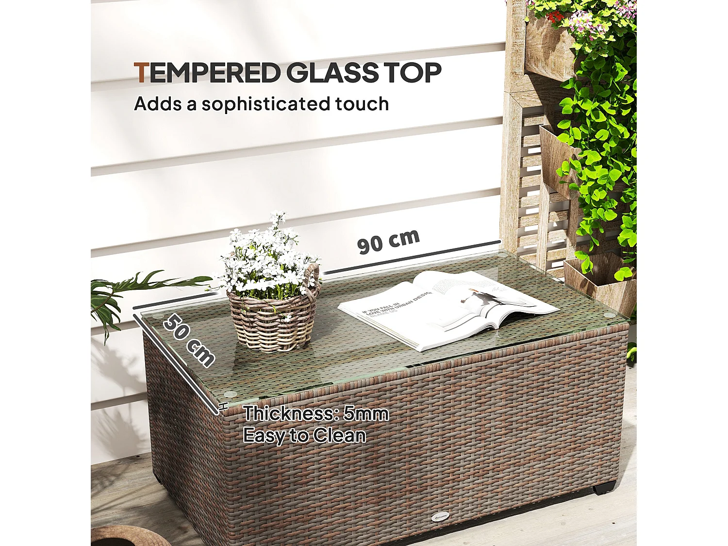 Pata Brown Rattan Outdoor Coffee Table 90 x 50cm Glass Top