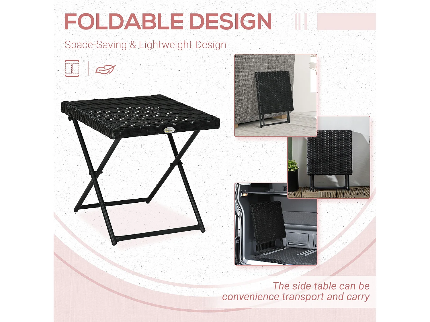 Kenila Black Square Folding Rattan Style Bistro Side Table