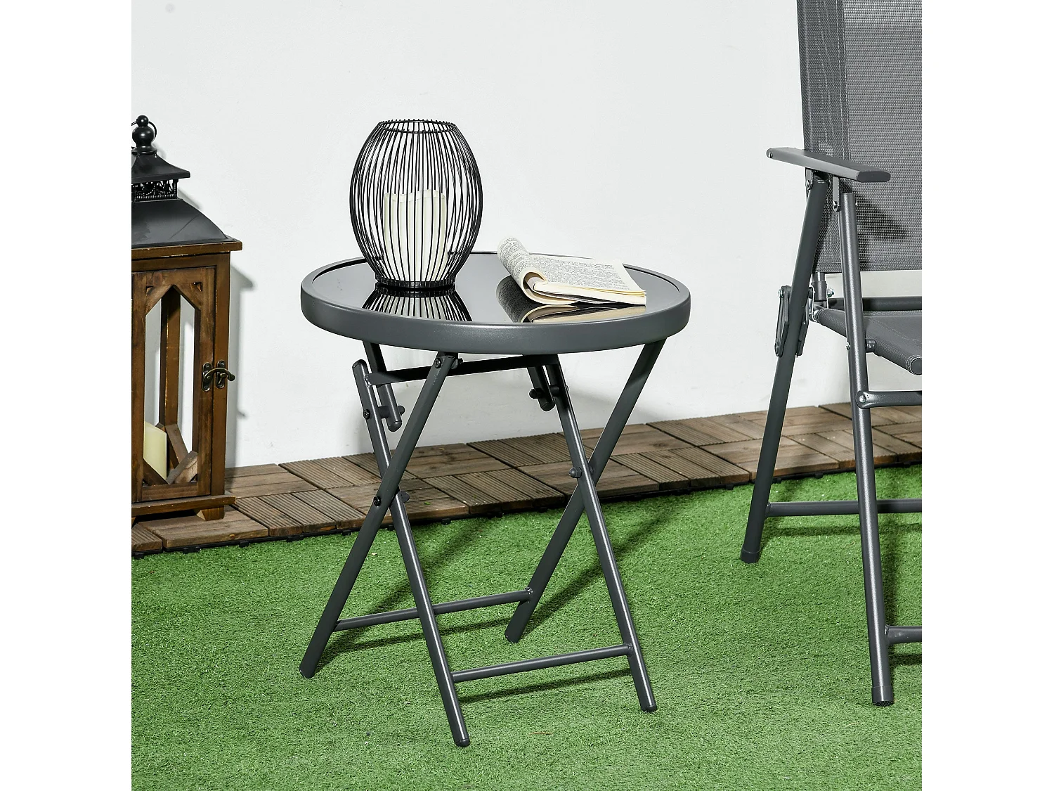 Laparo 45cm Folding Outdoor Side Table Black Marble Effect Glass