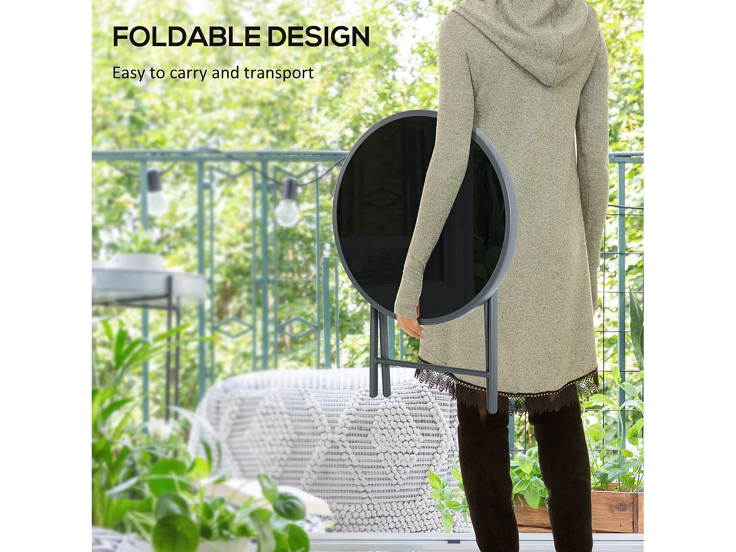 Laparo 45cm Folding Outdoor Side Table Black Marble Effect Glass