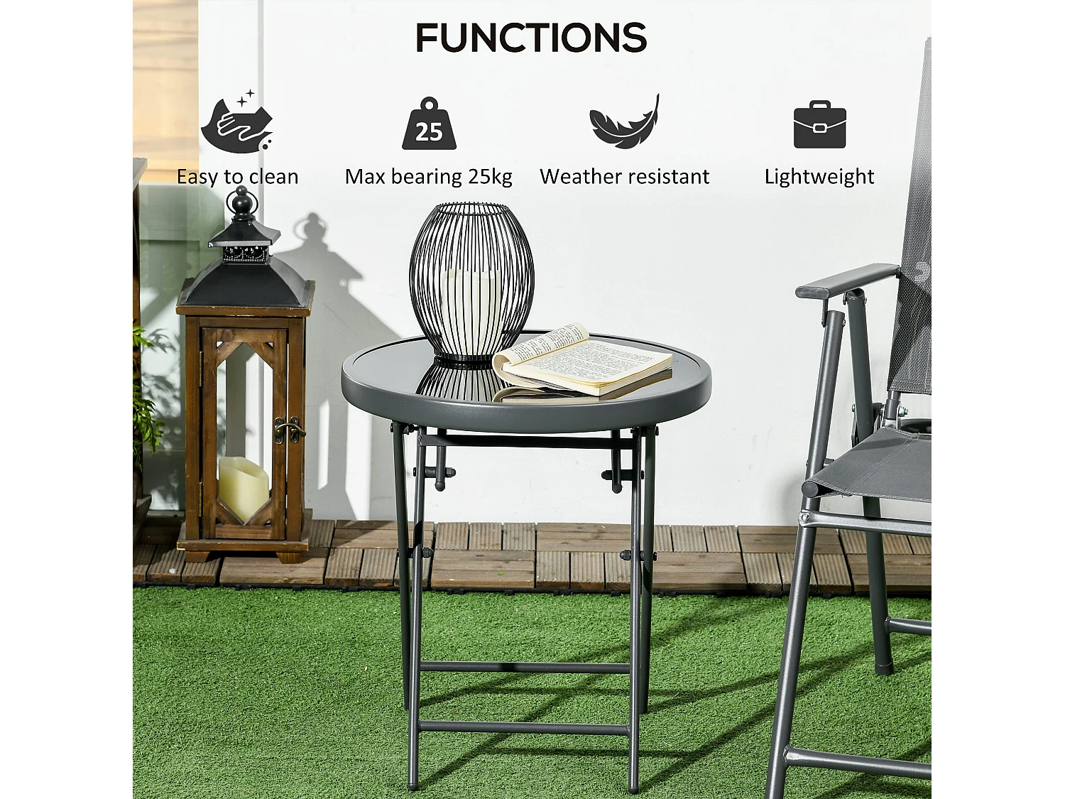 Laparo 45cm Folding Outdoor Side Table Black Marble Effect Glass
