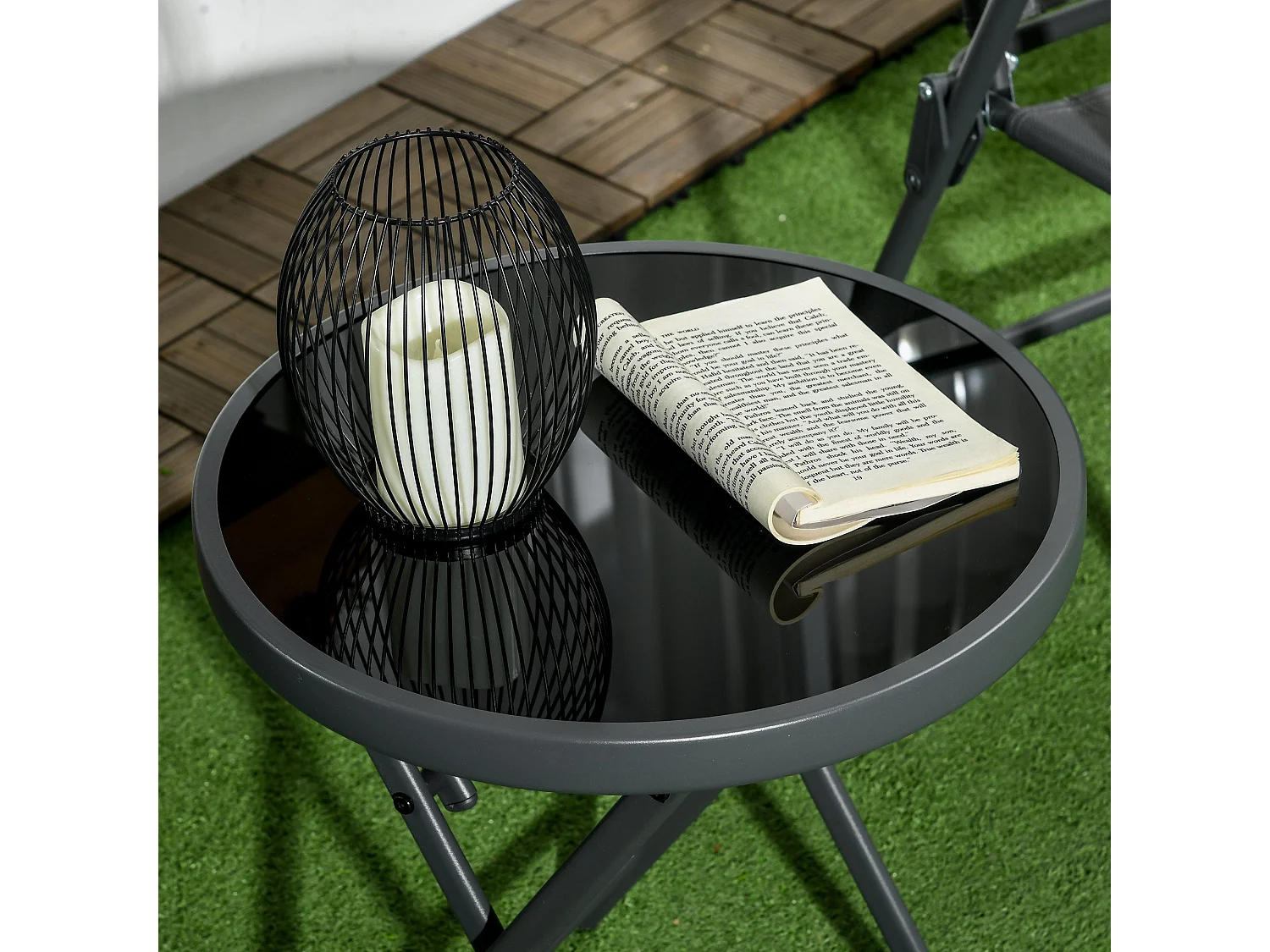Laparo 45cm Folding Outdoor Side Table Black Marble Effect Glass
