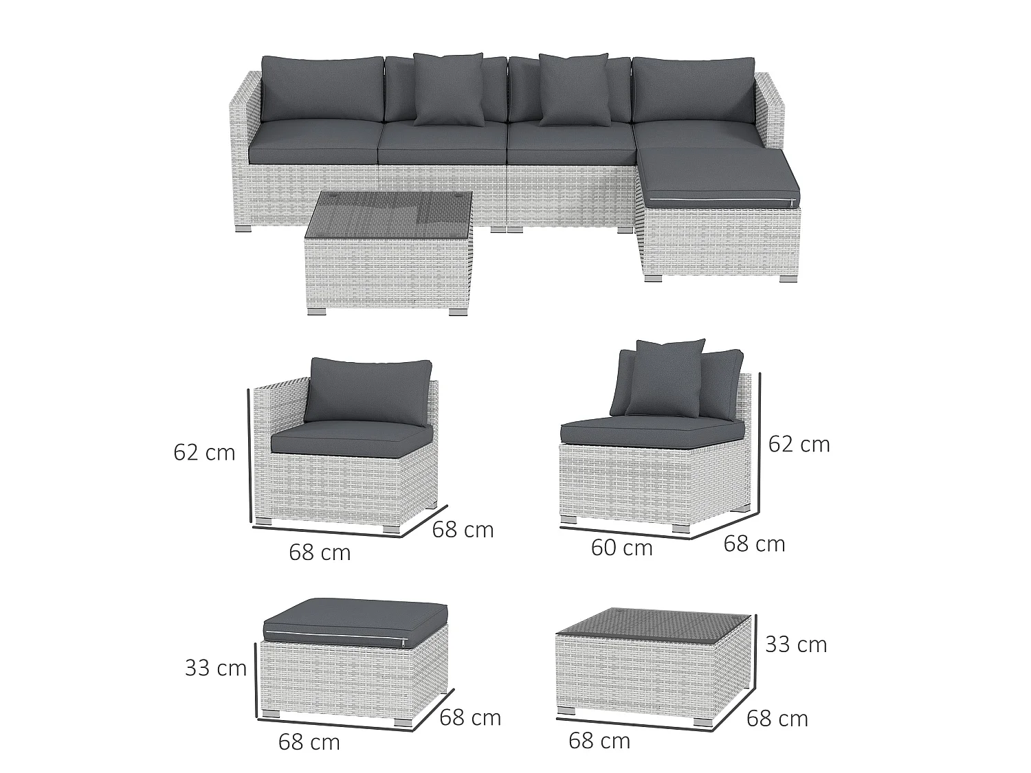 Lemi Mixed Grey 5 Seater Corner Rattan Sofa Set with Cushions